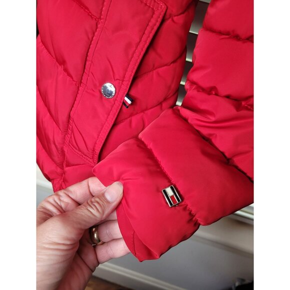 Tommy Hilfiger Womens Faux Fur Puffer Jacket Hood Removable Red PXS Snow Ski - Picture 9 of 9